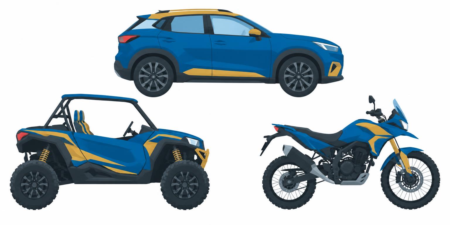 Ilustración de un carro, un UTV y una motocicleta para futuras rifas